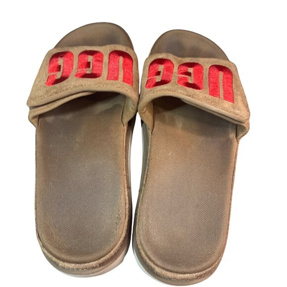 UGG Women's Brown Slide Sandals With Red Logo Straps Size 9 - Picture 6 of 10